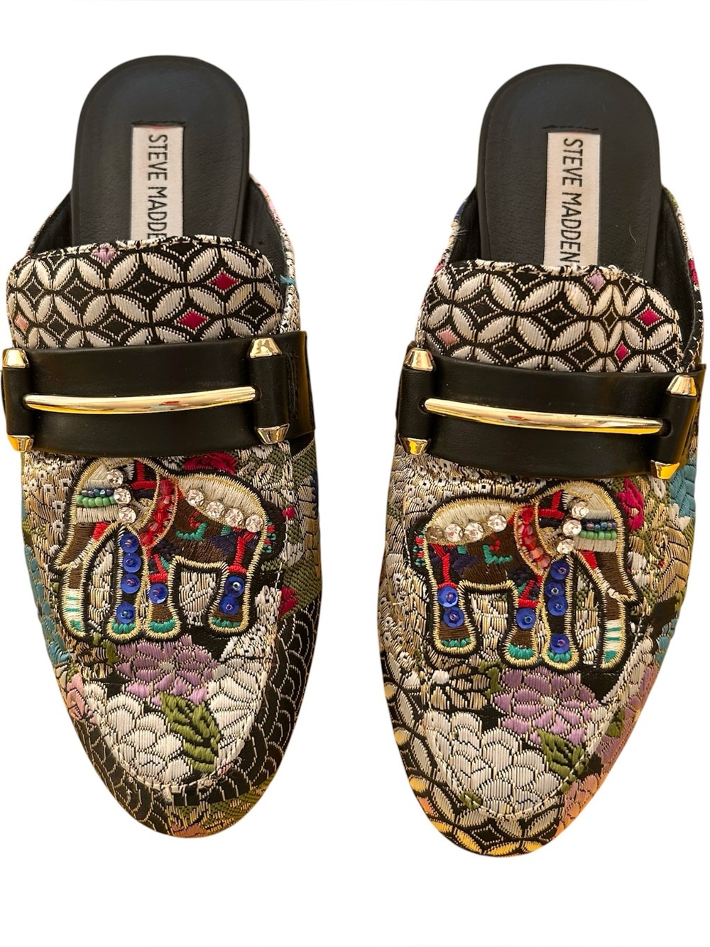 Steve Madden Kera Embroidered Elephants Bejeweled Mules Gold Accents Size 7.5